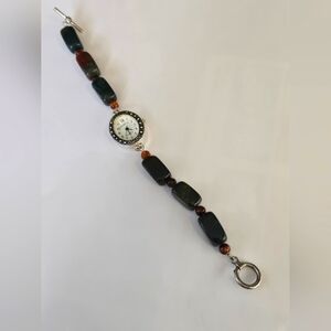 Geneva Women's Watch Bracelet with Dark Green and Brown Beads.
